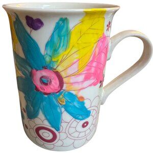 ALEX Ceramic Multicolored Floral Coffee Cup Vibrant Colors 4" tall x 3" diameter